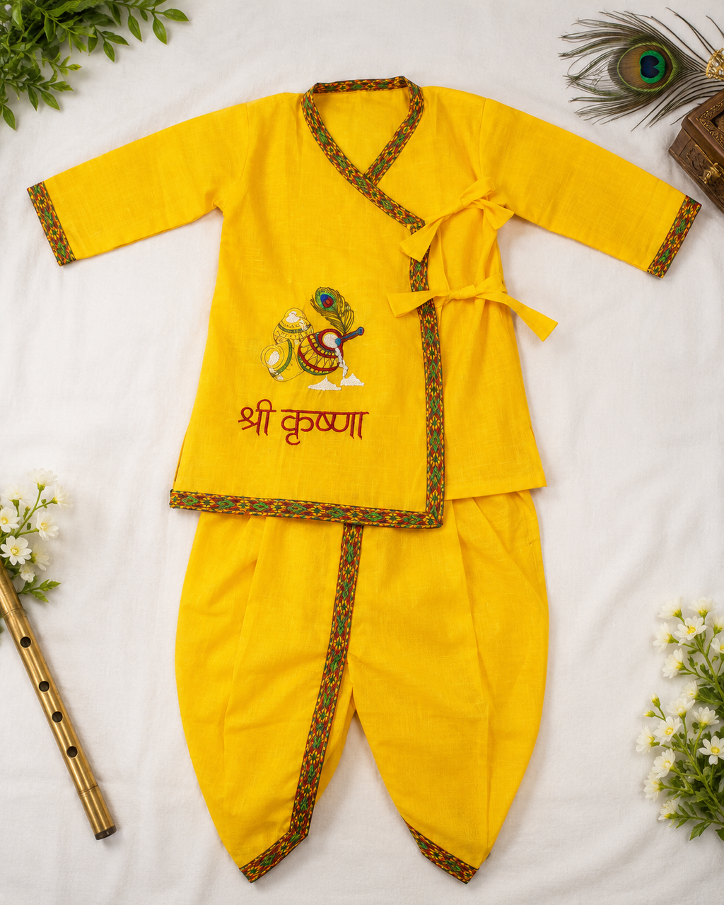 Yellow Krishna Embroidered Dhoti Kurta Set for Boys (2–3 Years) | Traditional Ethnic Wear | Festive & Janmashtami Dress