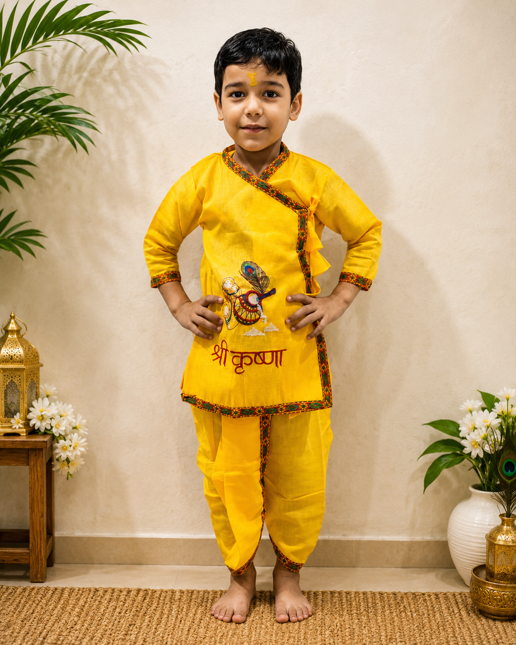 Kids Krishna Dress Set for Boys (Yellow) | Embroidered Kurta Dhoti | 4-5 Years | Janmashtami Fancy Dress