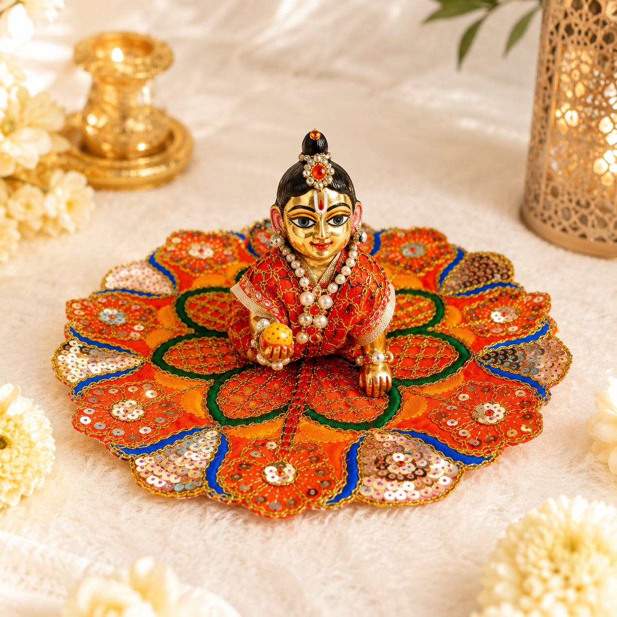 Laddu Gopal Designer Dress (Size 1) | Premium Handmade Shringar Poshak | Orange Floral Design