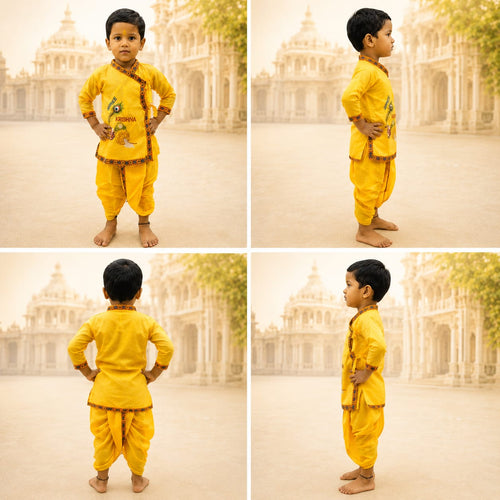 Yellow Krishna Embroidered Dhoti Kurta Set for Boys (2–3 Years) | Traditional Ethnic Wear | Festive & Janmashtami Dress
