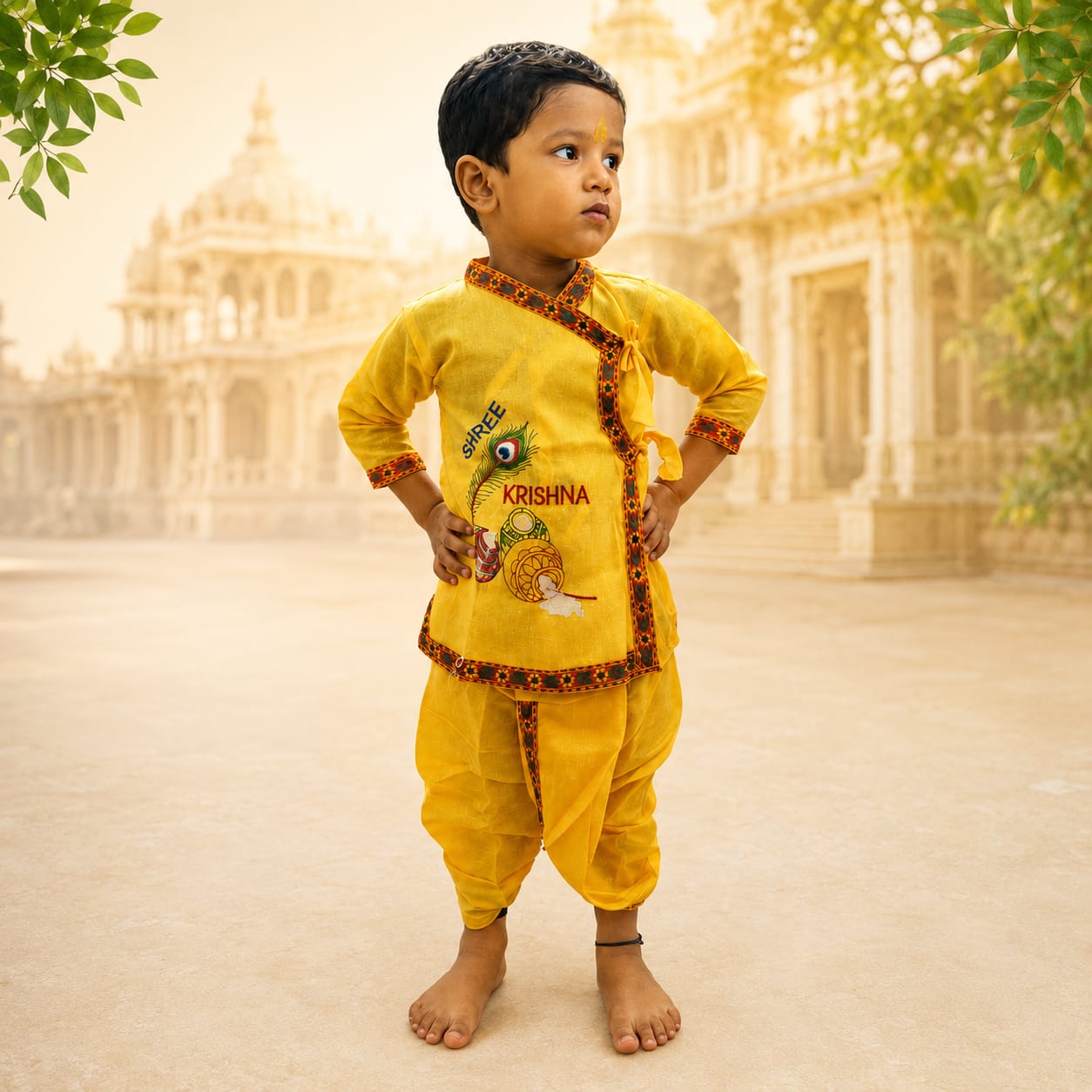 Yellow Krishna Embroidered Dhoti Kurta Set for Boys (2–3 Years) | Traditional Ethnic Wear | Festive & Janmashtami Dress