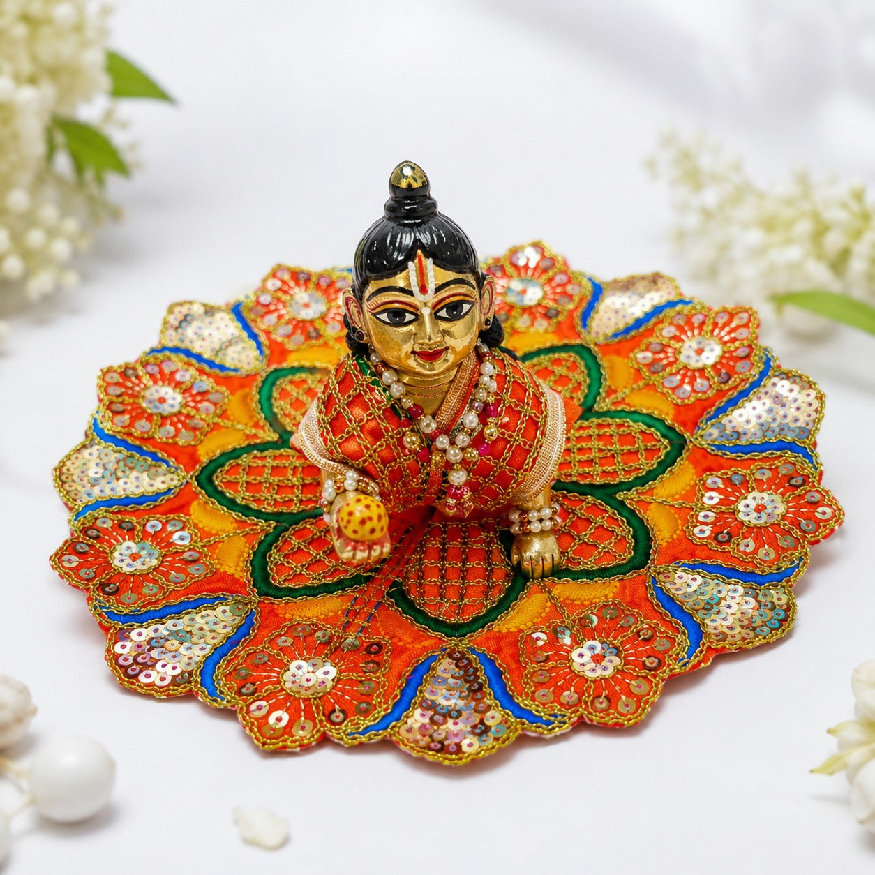 Laddu Gopal Designer Dress (Size 1) | Premium Handmade Shringar Poshak | Orange Floral Design
